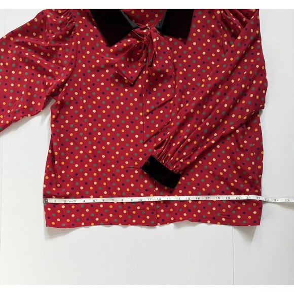 VTG Jean Halm Women's 14 Red Polka Dot 100% Silk Blouse Neck Tie Velvet Accents - Picture 16 of 16